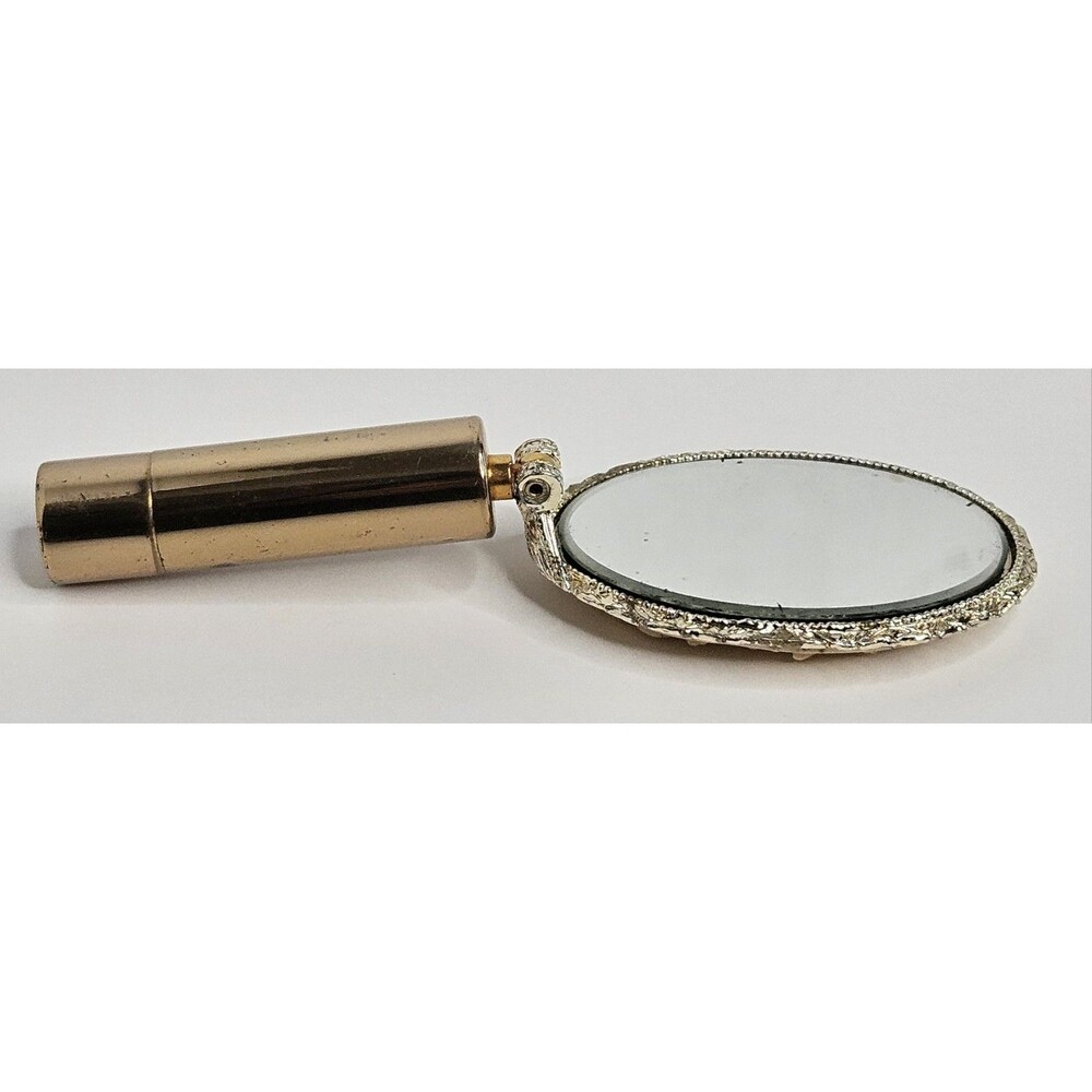 Vintage Lipstick Holder w/ Mirror Flowers Floral Gold Tone Oval - Picture 5 of 7